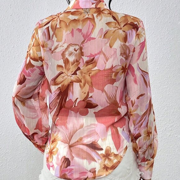 Baby Pink Boho Women's Floral Lantern Long Sleeve Shirt - Picture 2 of 6